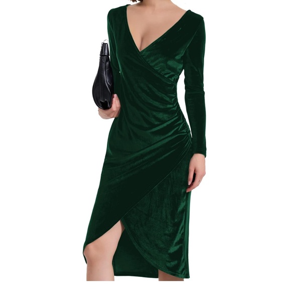HUHOT Velvet Dress for Wedding Guest Women Ruched Black Long Sleeve Formal Gowns - Picture 1 of 15